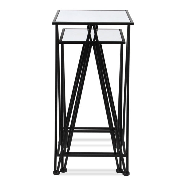 Set of Two Mirrored Glass Nesting Tables with Square Steel Frames for Glam Living Rooms