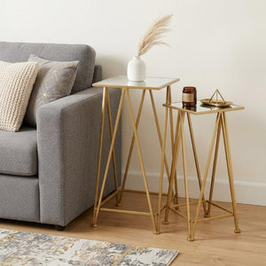 Set of Two Mirrored Glass Nesting Tables with Square Steel Frames for Glam Living Rooms