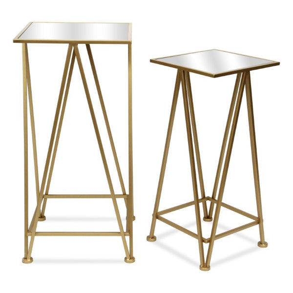 Set of Two Mirrored Glass Nesting Tables with Square Steel Frames for Glam Living Rooms
