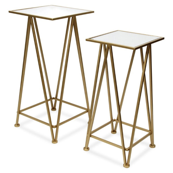 Set of Two Mirrored Glass Nesting Tables with Square Steel Frames for Glam Living Rooms