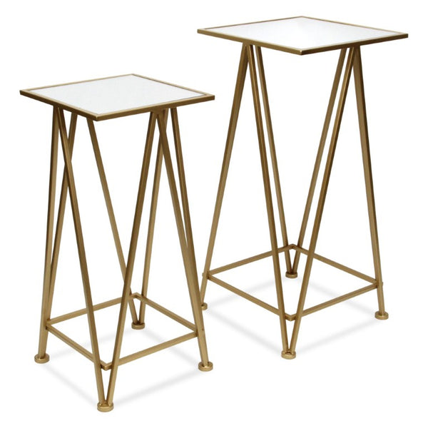 Set of Two Mirrored Glass Nesting Tables with Square Steel Frames for Glam Living Rooms