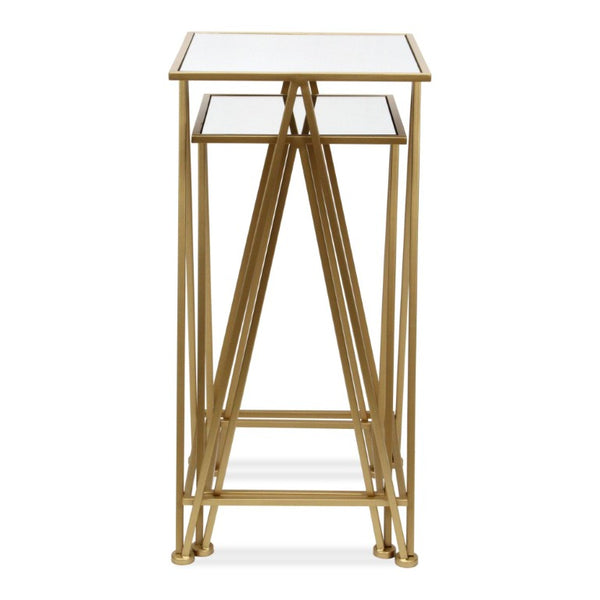 Set of Two Mirrored Glass Nesting Tables with Square Steel Frames for Glam Living Rooms