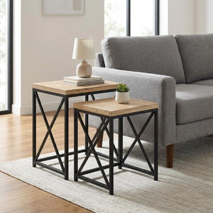 Set of Two Rustic Nesting Tables Solid Wood Steel Frame Aged Finish Living Room