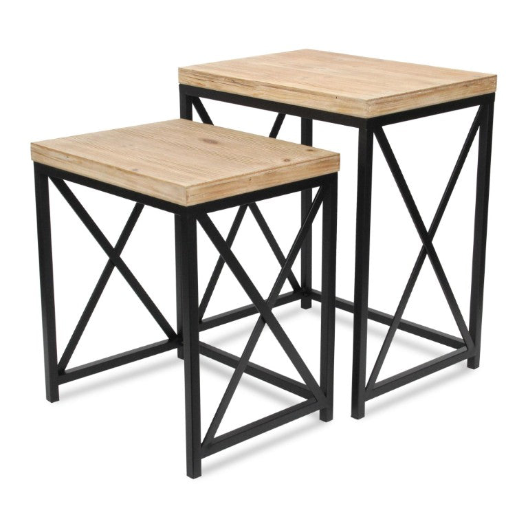 HomeRoots Set of Two Rustic Nesting Tables Solid Wood Steel Frame Aged Finish Living Room 738204