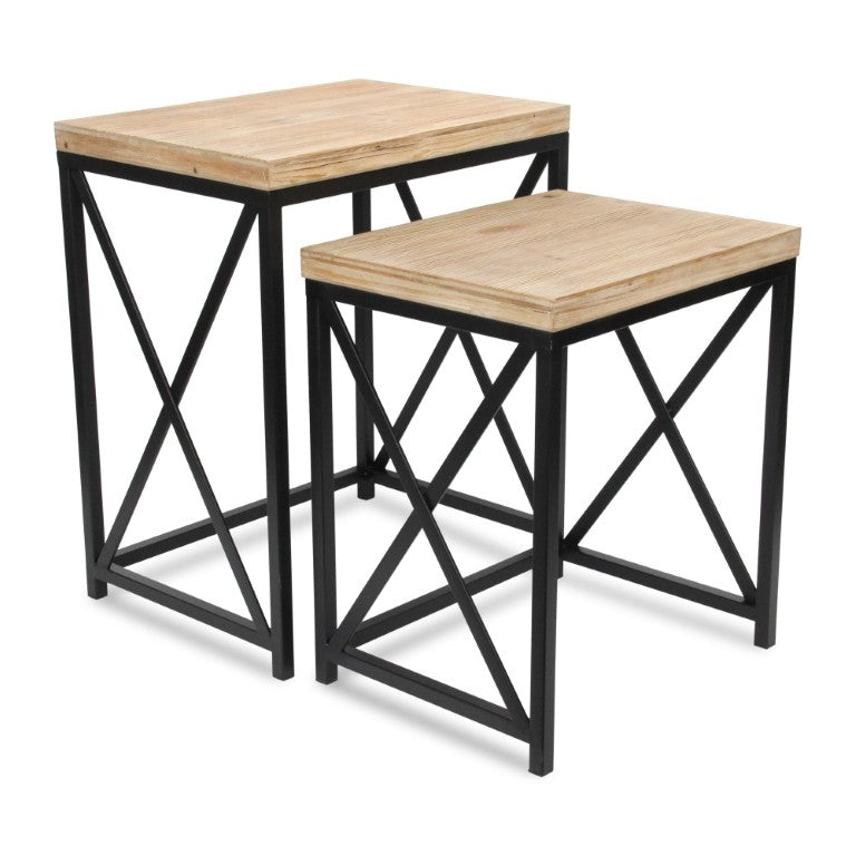 HomeRoots Set of Two Rustic Nesting Tables Solid Wood Steel Frame Aged Finish Living Room 738204