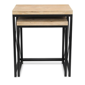 Set of Two Rustic Nesting Tables Solid Wood Steel Frame Aged Finish Living Room