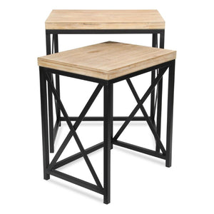 Set of Two Rustic Nesting Tables Solid Wood Steel Frame Aged Finish Living Room