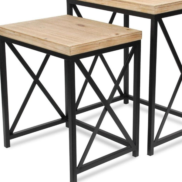 Set of Two Rustic Nesting Tables Solid Wood Steel Frame Aged Finish Living Room