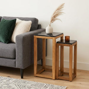 Set of Two Nesting Square Tables Distressed Marble Top Solid Wood Frame Living Room