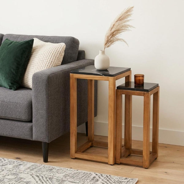 Set of Two Nesting Square Tables Distressed Marble Top Solid Wood Frame Living Room