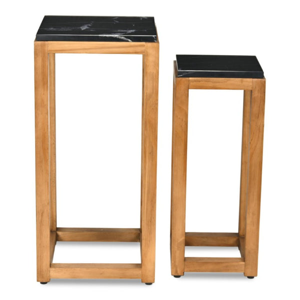 HomeRoots Set of Two Nesting Square Tables Distressed Marble Top Solid Wood Frame Living Room 738205