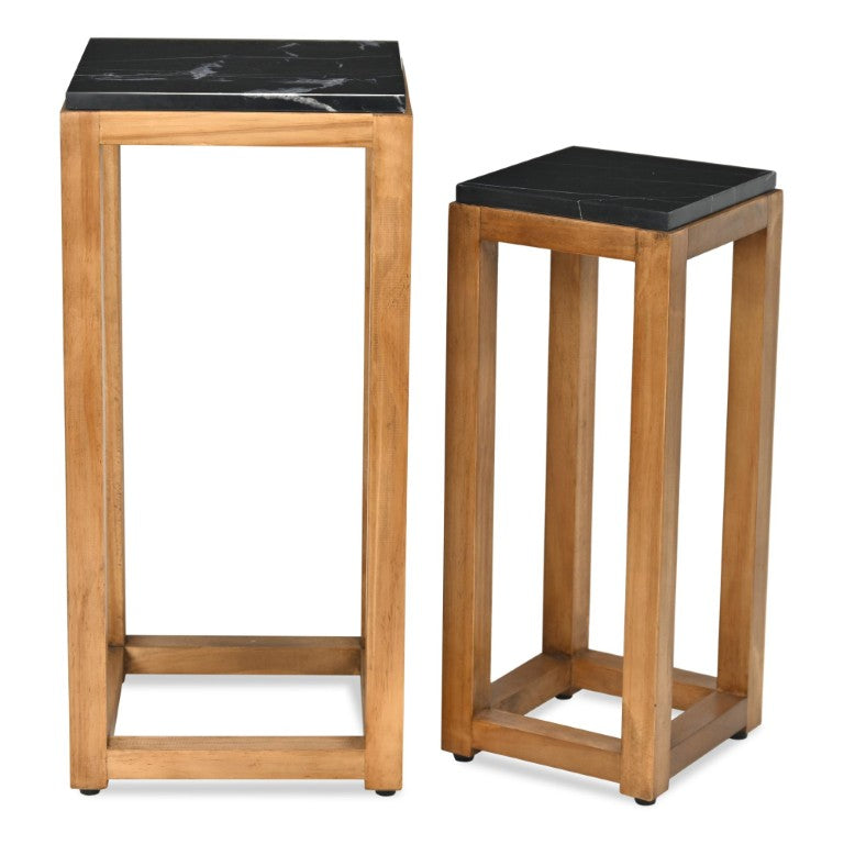 HomeRoots Set of Two Nesting Square Tables Distressed Marble Top Solid Wood Frame Living Room 738205