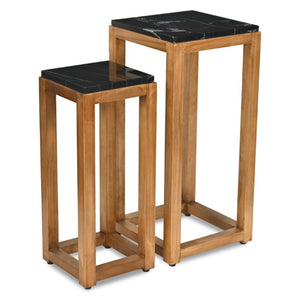 Set of Two Nesting Square Tables Distressed Marble Top Solid Wood Frame Living Room