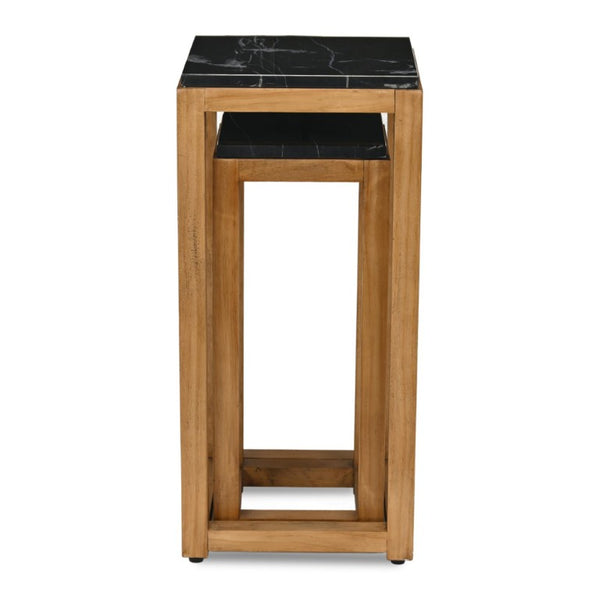 Set of Two Nesting Square Tables Distressed Marble Top Solid Wood Frame Living Room