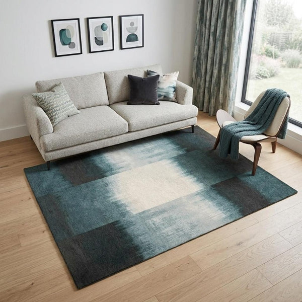5x7 Abstract Indoor Rug in Blue White Recycled Pet Fibers Stain Resistant Washable