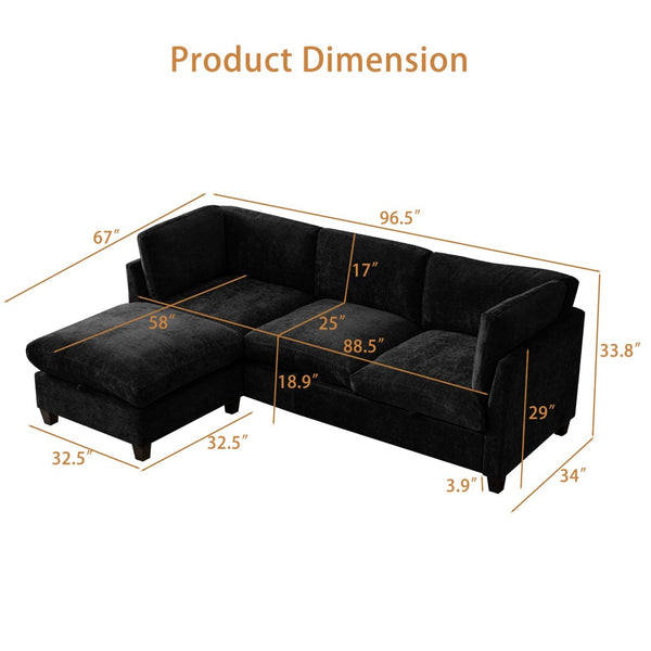 English Elm 96.5" L-shaped Chenille Sectional with Storage Ottoman Eucalyptus Frame Living Room Black W1097S00282