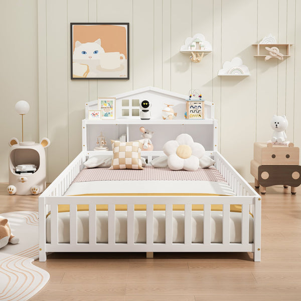 English Elm Full-size Montessori Floor Bed with Built-In Bookcase and Chalkboard, Space-Saving Solid Wood Platform for Kids White 56.3 L x 17.32 W x 5.31 H W1716S00012