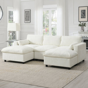 English Elm [video]86.5'' Chenille U-shaped Sectional with Dual Ottomans and Storage Pockets for Living Rooms White N723S7723A