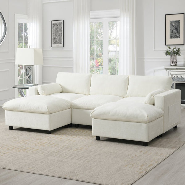 English Elm [video]86.5'' Chenille U-shaped Sectional with Dual Ottomans and Storage Pockets for Living Rooms White N723S7723A
