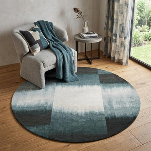 5 Foot Abstract Round Rug in Blue White Recycled Pet Fiber Stain Resistant Washable