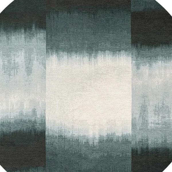 5 Foot Abstract Round Rug in Blue White Recycled Pet Fiber Stain Resistant Washable