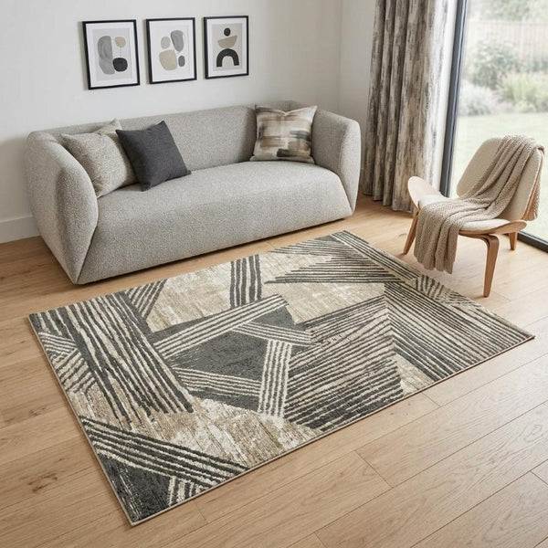 5x7 Abstract Tan Washable Area Rug in Eco-friendly Pet Fiber Stain Resistant