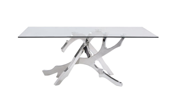 VIG Furniture Legend Sculptural Glass Dining Table With Twisted Stainless Pedestal, 87" Rectangular Top, Seats 6 VGVCT8111-STL