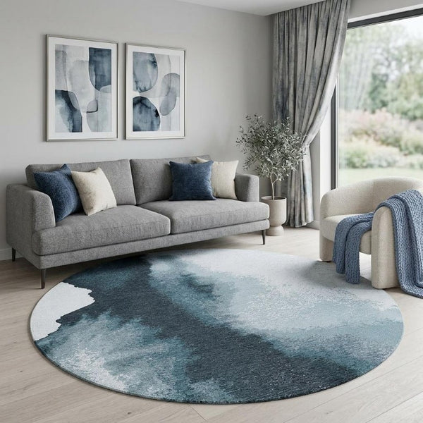 10 Foot Abstract Round Rug in Blue White Recycled Pet Fiber Stain Resistant Washable
