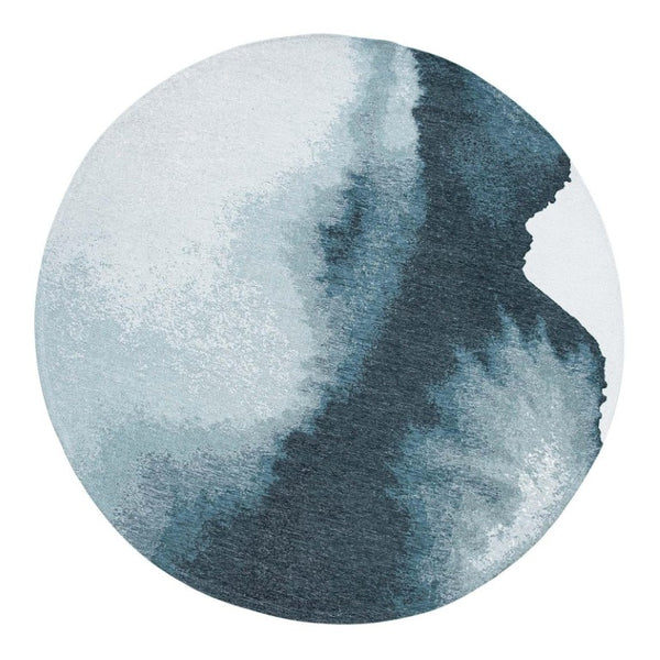 10 Foot Abstract Round Rug in Blue White Recycled Pet Fiber Stain Resistant Washable