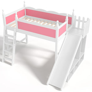 English Elm Twin Loft Bed Solid Pine Frame with Wardrobe Shelving Detachable Slide Kids Room Pink+White W5305S00016