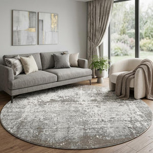 10 Foot Abstract Round Rug in Gray White Recycled Pet Fibers Stain Resistant
