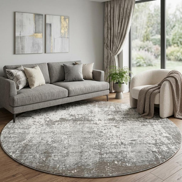 10 Foot Abstract Round Rug in Gray White Recycled Pet Fibers Stain Resistant