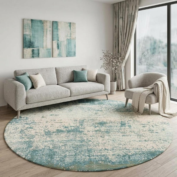 10 Ft Round Abstract Area Rug in Blue White Washable Recycled Pet Fibers Uv Safe