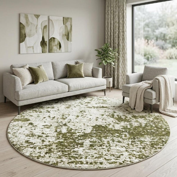 10 Foot Abstract Round Rug in Green Eco-friendly Pet Fiber Washable Uv Safe