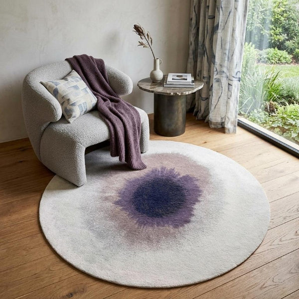 5 Foot Abstract Round Rug in Purple Recycled Pet Fiber Stain Resistant Indoor