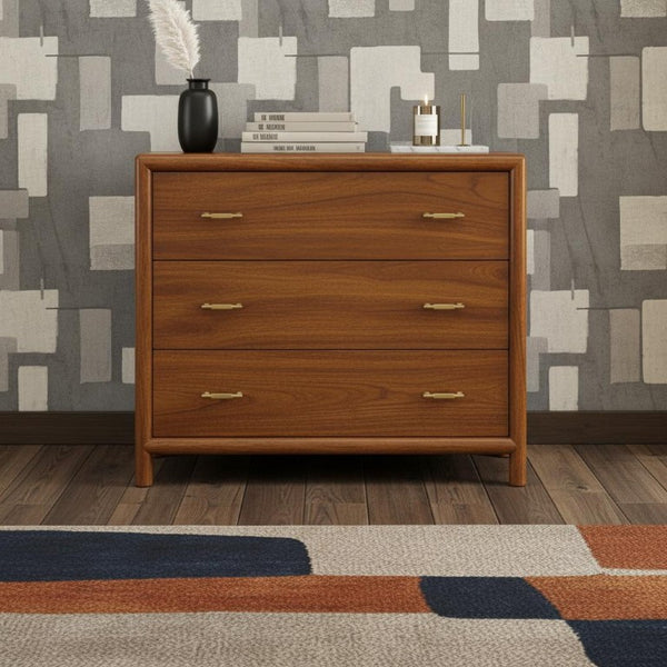 30 Inch Solid Wood Three Drawer Sideboard in Rich Brown for Dining Room Storage