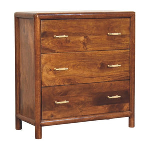 30 Inch Solid Wood Three Drawer Sideboard in Rich Brown for Dining Room Storage