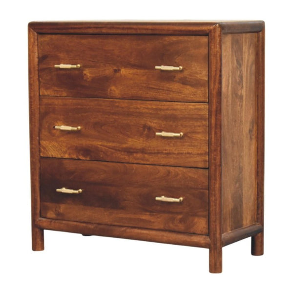 30 Inch Solid Wood Three Drawer Sideboard in Rich Brown for Dining Room Storage