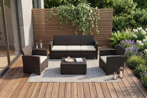 HomeRoots Four Piece Outdoor Sofa Seating Set with Cushions Espresso Frame Patio Table 738395