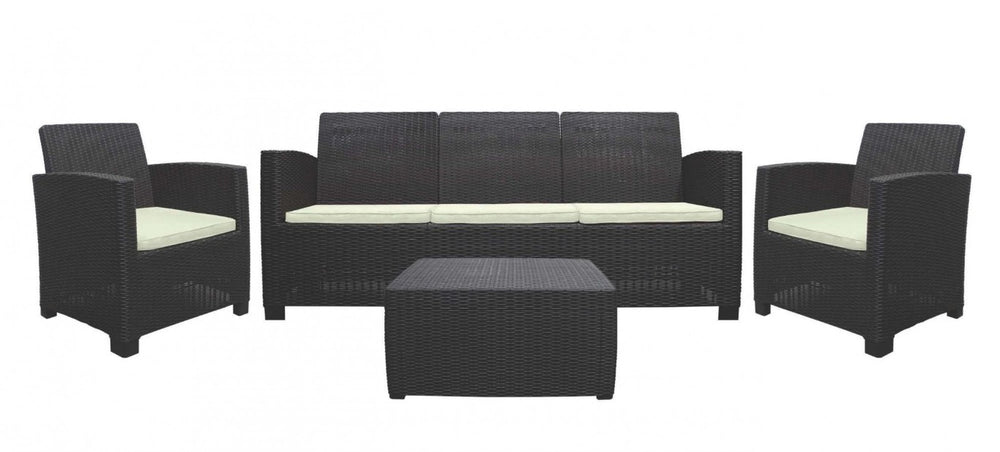 HomeRoots Four Piece Outdoor Sofa Seating Set with Cushions Espresso Frame Patio Table 738395