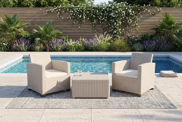 Three Piece Outdoor Bistro Set with Cushioned Seating for Two and Side Table