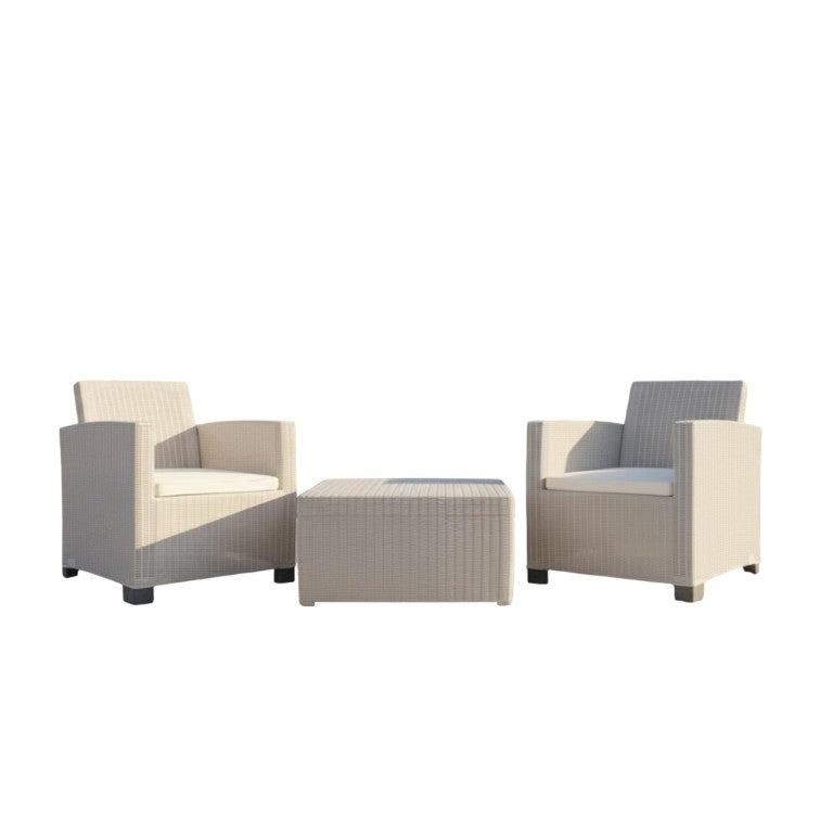 HomeRoots Three Piece Outdoor Bistro Set with Cushioned Seating for Two and Side Table 738398