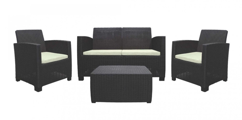 HomeRoots Four Piece Outdoor Sectional Seating Set with Cushions and Accent Table for Patio Entertaining Espresso / Beige 103.6" W x 16.5" H x 69" D 738399