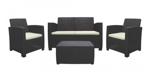 HomeRoots Four Piece Outdoor Sectional Seating Set with Cushions and Accent Table for Patio Entertaining Espresso / Beige 103.6" W x 16.5" H x 69" D 738399