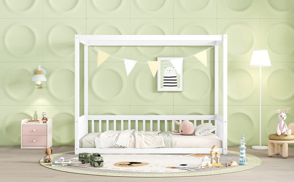 English Elm Twin Canopy Frame Floor Bed With Guardrails – Charming White Design For Cozy Kids' Rooms & Playtime W504P143278-GIGA