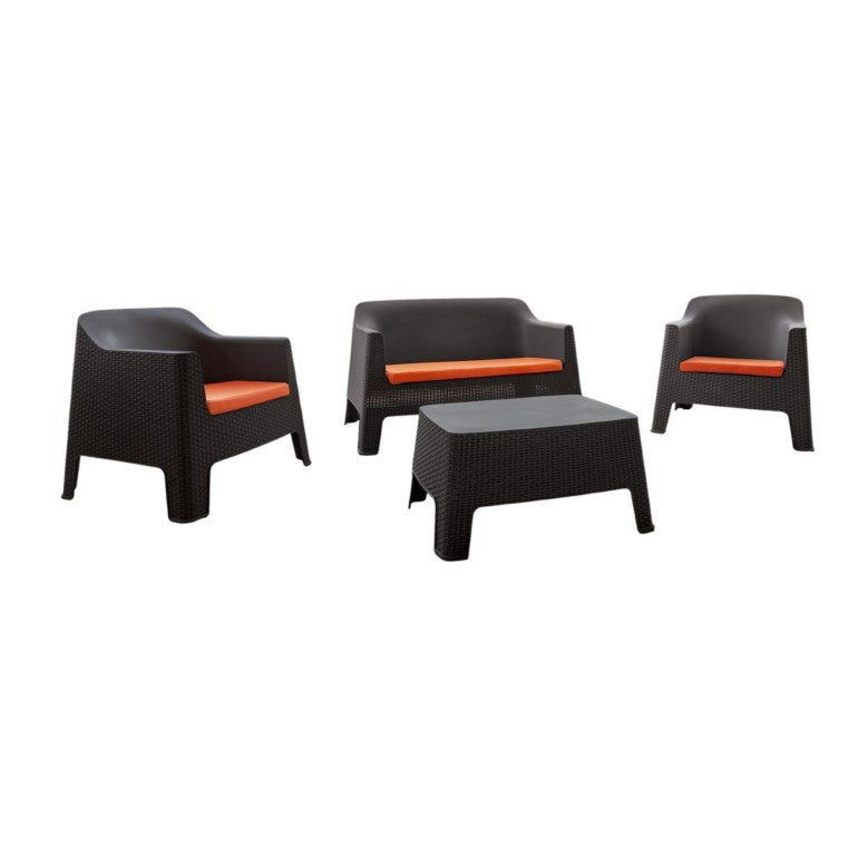 HomeRoots Four Piece Outdoor Patio Set with Cushioned Seating Weather Resistant Table and Conversation Area Espresso / Beige 120.32" W x 16.54" H x 84.08" D 738407