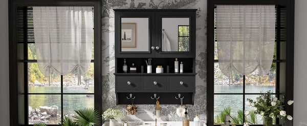 English Elm 4-in-1 Wall Mounted Bathroom Cabinet with Mirror Drawers and Towel Hooks Vanity Black N710P405416B