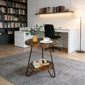 English Elm Chic Two-tier Round End Table with Metal Frame and Open Shelf for Living Room T3971P449208