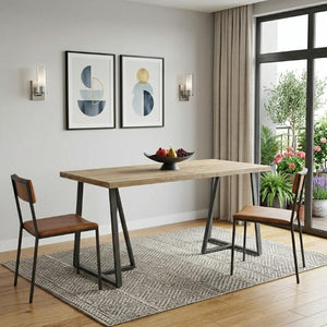 60 Inch Two-tone Solid Wood Dining Table with Industrial Steel Base Seats Six
