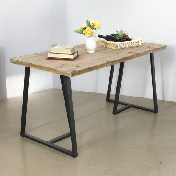 60 Inch Two-tone Solid Wood Dining Table with Industrial Steel Base Seats Six
